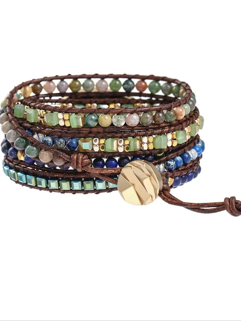 Multicolor Beaded Wrap Bracelet with Green-Blue Stone Accent